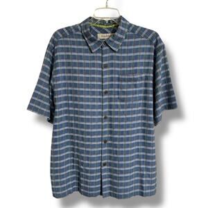 Men's Tommy Bahama Blue green Plaid Short Sleeve button down Shirt 100% silk Lg